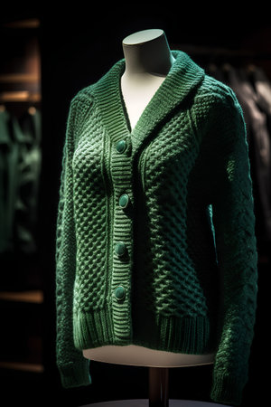 Green woolen sweater on a mannequin in a shop windowの素材