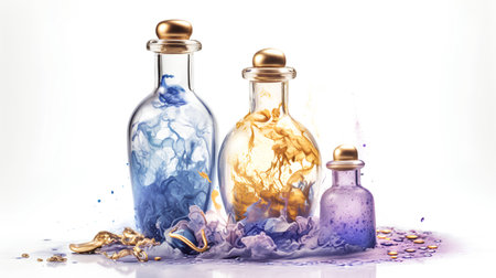 3d illustration of bottles of perfume on white background with splashesの素材