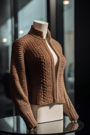 Mannequin wearing brown knitted sweater in store window display.の素材