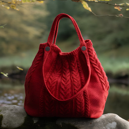 Red knitted bag on a stone by the river in autumn.の素材