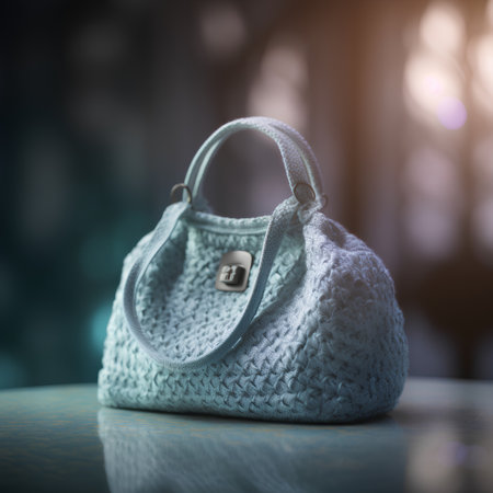 Blue knitted bag on a wooden table. Bokeh background.の素材