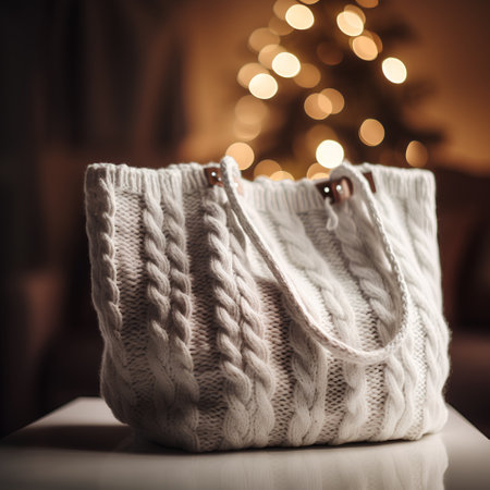 Warm knitted bag on a table in front of a Christmas treeの素材