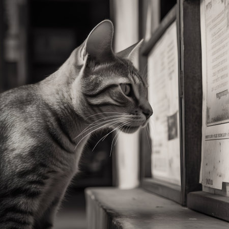 Portrait of a tabby cat sitting in front of a bookの素材