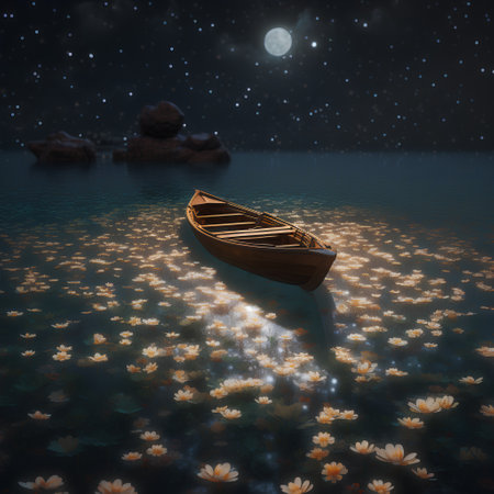 3D render of a wooden rowing boat on the lake at nightの素材