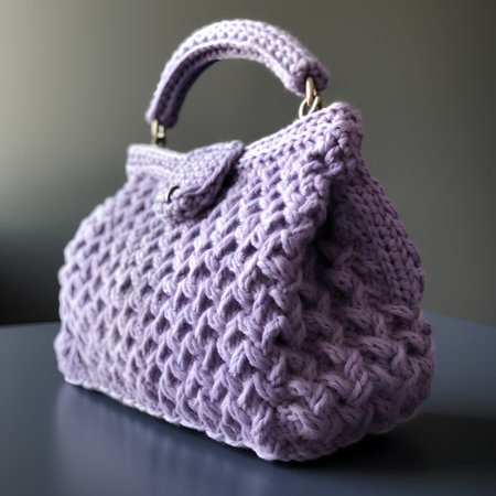 Handbag made of wool yarn on a dark background. Female accessory.の素材