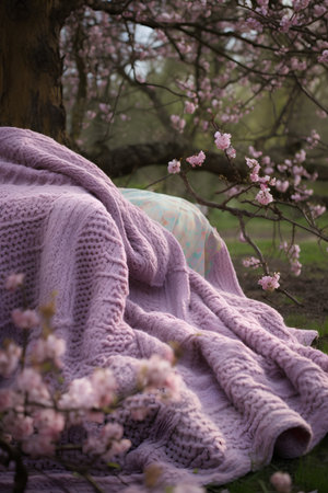 Pink knitted plaid with a pillow and a bouquet of pink flowers in the garden.の素材