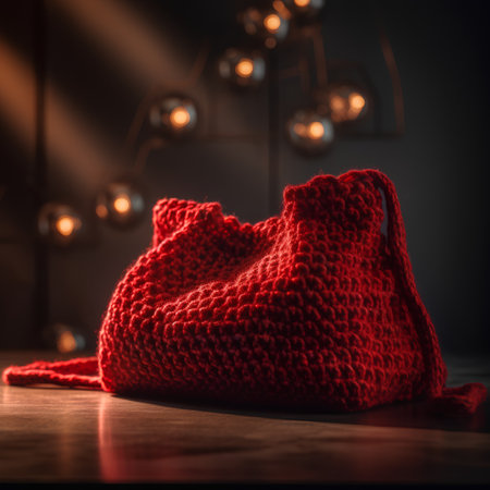 Red knitted woolen sweater on a wooden table in the roomの素材