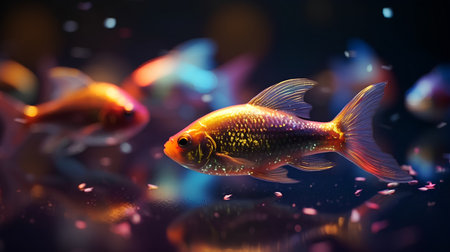Goldfish in aquarium. 3d render on a dark background.の素材