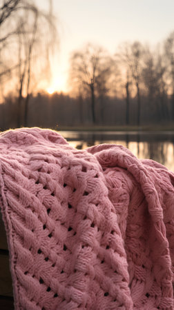 Pink knitted scarf on a wooden bench by the lake at sunsetの素材