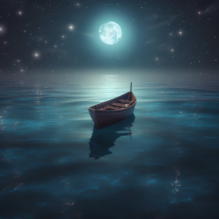 Fantasy night landscape with boat and full moon. 3d renderingの素材