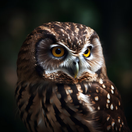 Portrait of a beautiful owl with large yellow eyes on a dark backgroundの素材