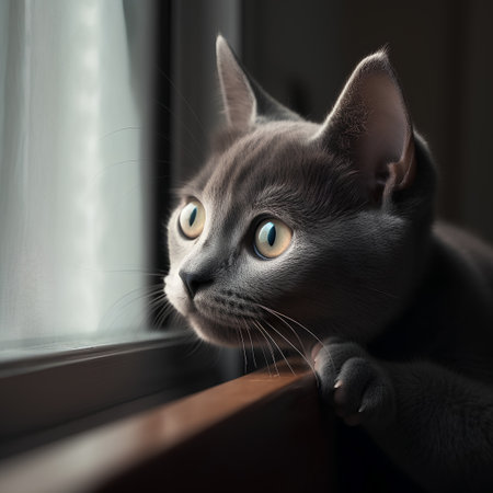 Portrait of a blue british cat looking out the windowの素材