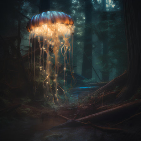 Jellyfish in the dark forest. 3d render illustration.の素材