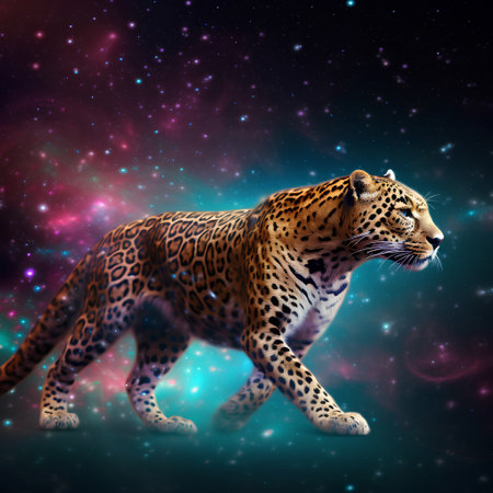 Leopard on the background of cosmic space. 3d illustration.の素材