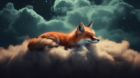 Red fox lying on the clouds in the starry night sky.の素材