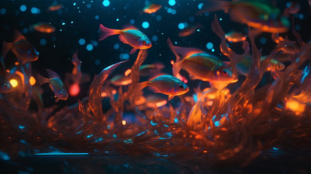 3d render of a group of goldfish swimming in the waterの素材
