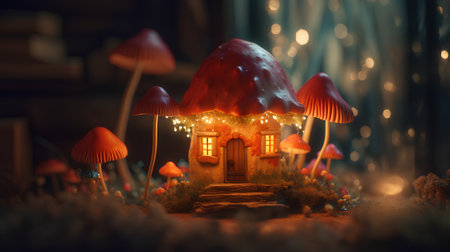 Mushroom house with light bulbs. Fairy tale concept. 3D Renderingの素材