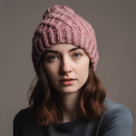 Portrait of a beautiful young woman in a pink knitted hatの素材