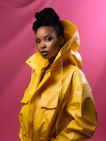 Fashionable african american woman in yellow raincoat.の素材