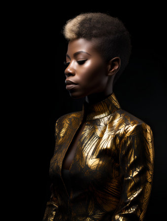 Beautiful african american woman in golden jacket on black backgroundの素材