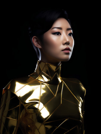 Portrait of a beautiful asian woman in gold suit on black backgroundの素材