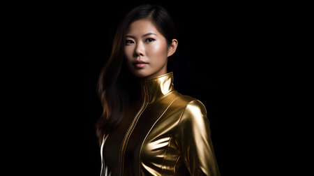 Portrait of a beautiful asian woman in golden suit on black backgroundの素材
