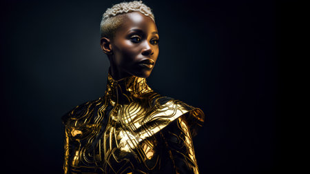 Beautiful african american woman in golden costume posing on black backgroundの素材