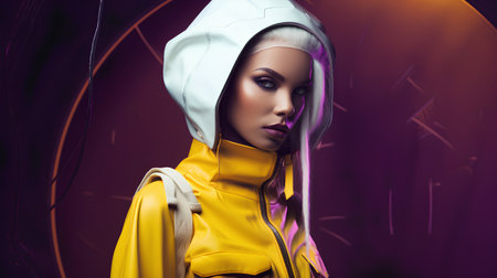 Beautiful young woman in a yellow raincoat. 3d renderingの素材