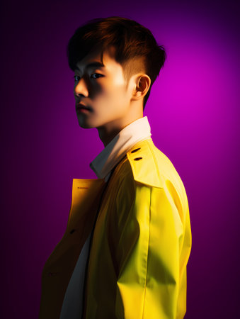 Fashion portrait of young handsome asian man in yellow coat.の素材