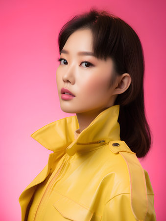 Portrait of a beautiful young asian woman wearing yellow raincoatの素材