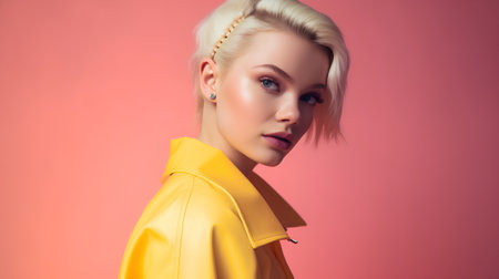 Fashion portrait of a beautiful blonde woman in a yellow jacket.の素材
