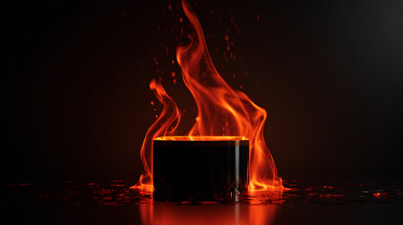 3d render of black podium on dark background with fire flames.の素材