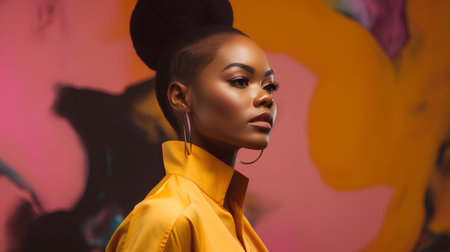 beautiful african american woman in yellow coat on colorful backgroundの素材