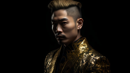 Portrait of a handsome asian man in golden costume on black backgroundの素材