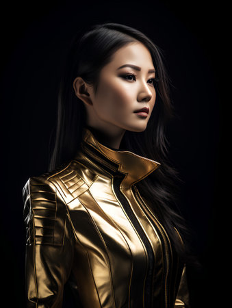 Beautiful asian woman in golden leather suit on black background.の素材