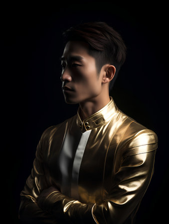 Portrait of a handsome young asian man in golden suit on black backgroundの素材