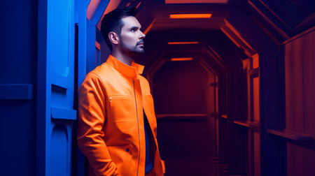 Young man in an orange jacket standing in a dark corridor with neon lightsの素材