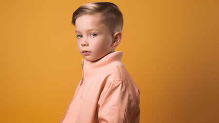 Little boy in a pink jacket on a yellow background. Studio shot.の素材