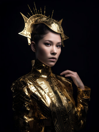 Portrait of a beautiful asian woman in golden costume on black background.の素材