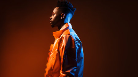 attractive african american man in orange raincoat on dark backgroundの素材