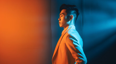 Portrait of a handsome asian man in an orange suit.の素材