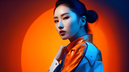 Portrait of a beautiful asian woman in a blue jacket.の素材