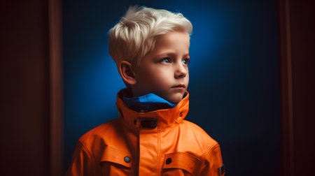 A portrait of a little boy in an orange jacket on a dark background.の素材