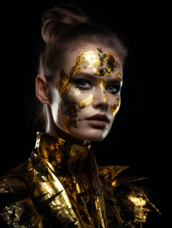 Portrait of a beautiful girl with golden make-up on a black background.の素材
