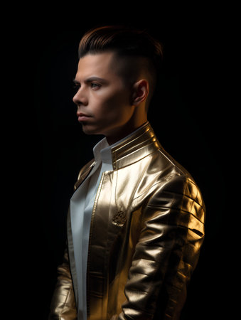 Portrait of a handsome man in a golden jacket on a black backgroundの素材