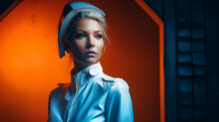 Fashion portrait of a beautiful blonde girl in a white coat and headphones.の素材