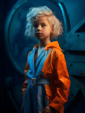 Portrait of a blonde girl in an orange coat. Studio shot.の素材