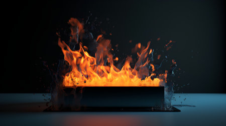 Laptop with fire and flames on black background. 3d illustrationの素材