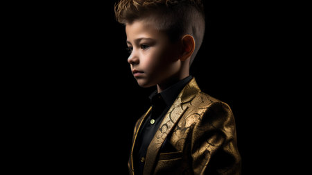 Little boy in a golden suit on a black background. Studio shot.の素材