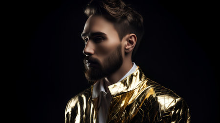 Portrait of a handsome young man in a golden jacket on a black backgroundの素材